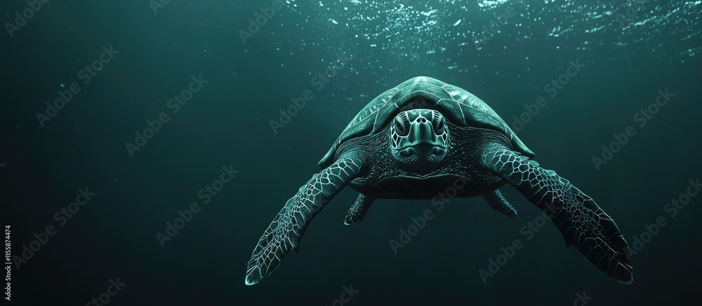 Poster close up of an underwater sea turtle gliding gracefully through the ocean depths with atmospheric li