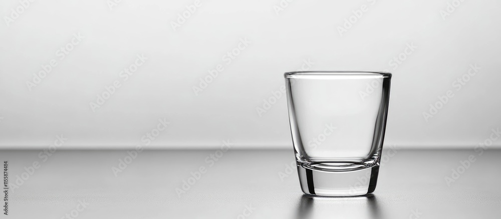 Poster close up of an empty shot glass on a reflective surface with space for text and branding in a minima