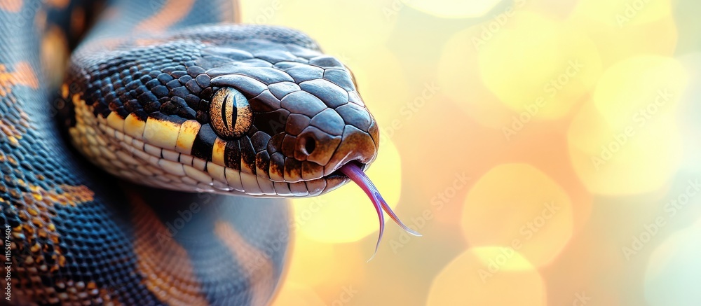 Poster close up of a snake with its tongue out against a blurred colorful background ideal for nature and w