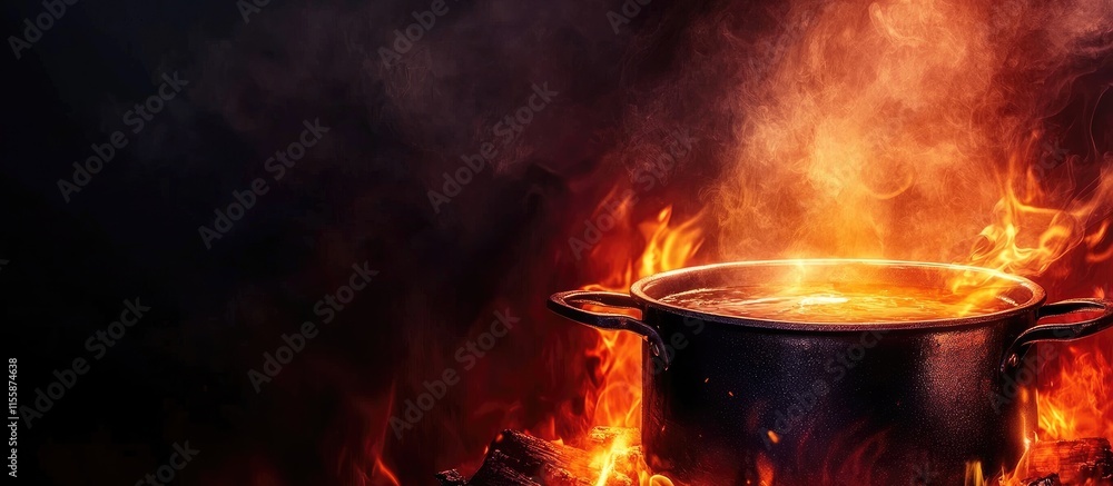 Poster close up of a bubbling soup pot over an intense fire with dark smoke and space for overlay text in c