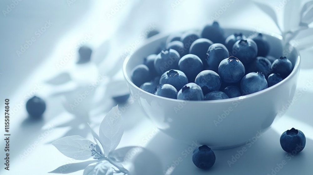 Poster fresh blueberries in a white bowl surrounded by leaves with soft lighting and empty space for text o