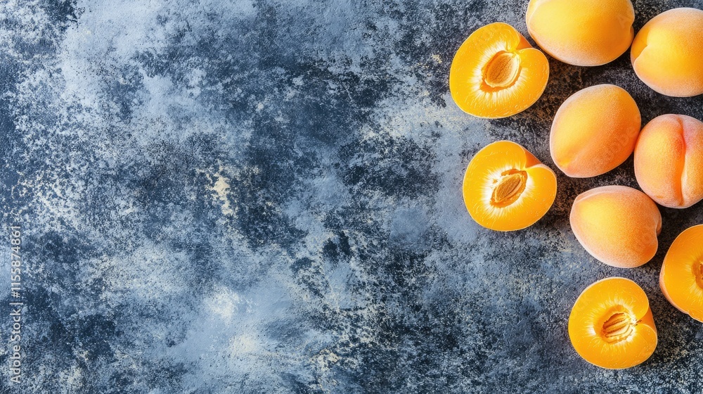 Poster fresh apricot jam with sliced apricots on a textured surface offering ample copy space for text and 