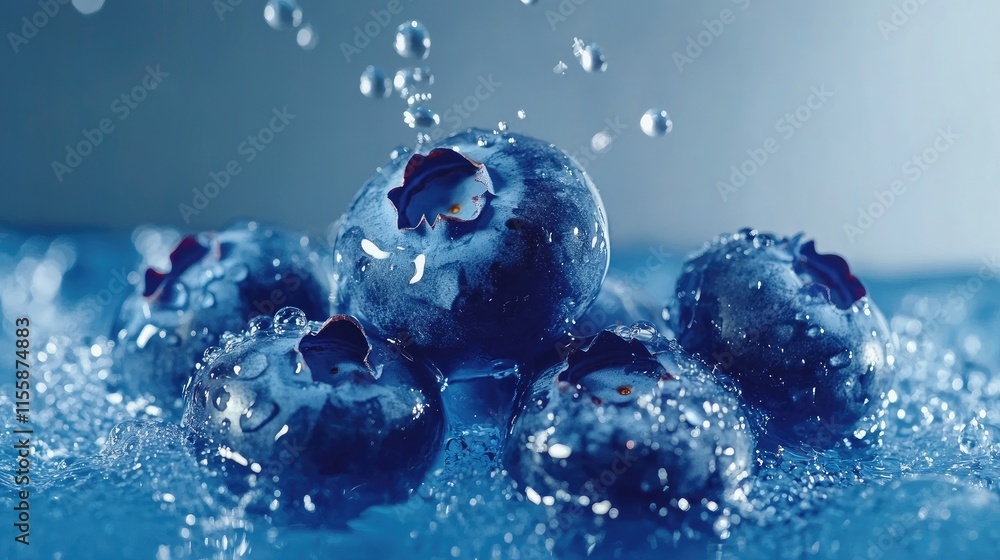 Poster fresh blueberries splashing in water with droplets on a blue surface creating an inviting backdrop f