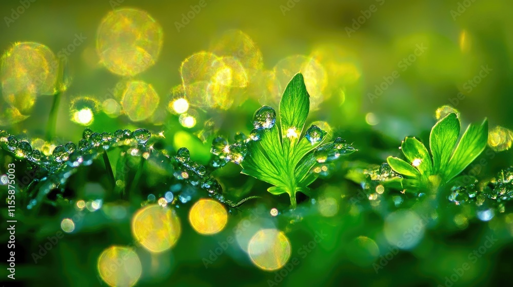 Aufkleber macro shot of fresh green ferns adorned with water droplets creating a vibrant nature backdrop with 