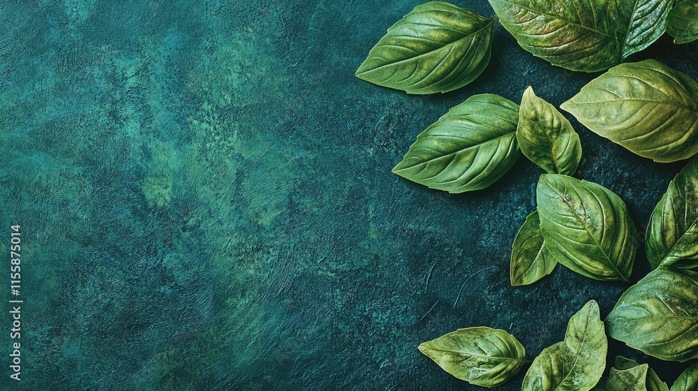 Poster fresh green basil leaves arranged on a textured dark background with ample empty space for creative 