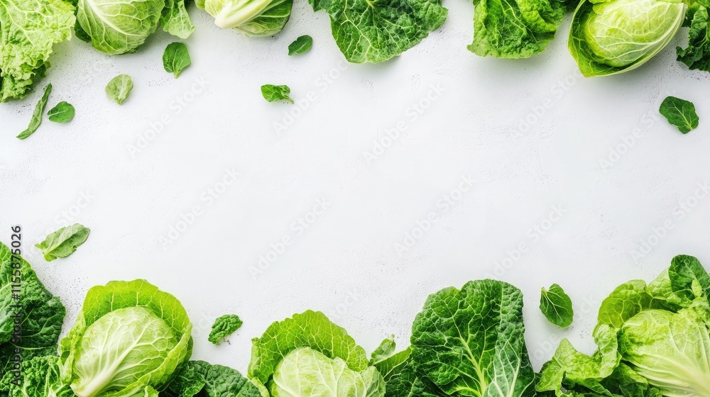 Poster fresh green cabbage leaves arranged on a light background with ample empty space for text or design 