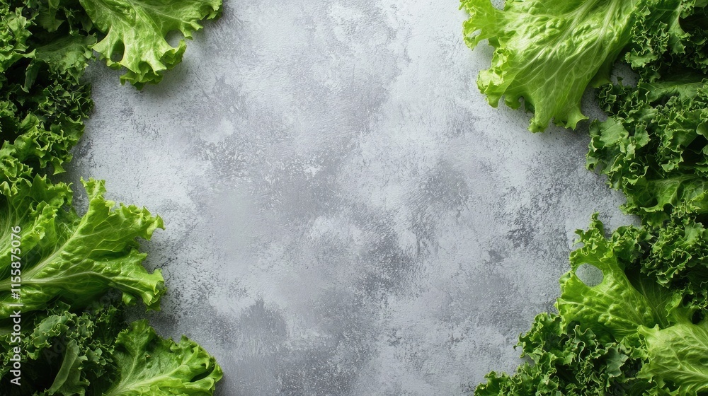 Poster fresh green lettuce leaves framing a textured gray background with ample space for text or design el