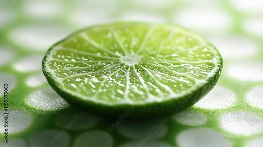 Poster fresh green lime slice with water droplets on blurred citrus background and ample copy space for tex