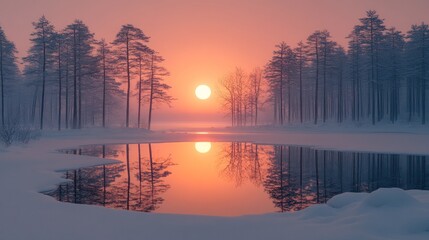 Fototapeta premium Pink sunset over frozen lake in snowy forest.