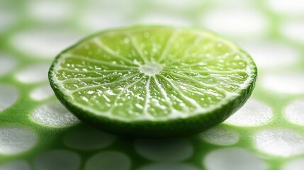 Fresh green lime slice with water droplets on blurred citrus background and ample copy space for text or design elements