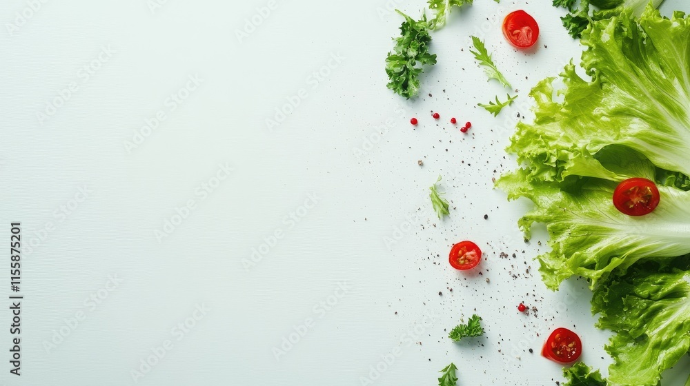 Aufkleber fresh lettuce leaves and cherry tomatoes on a light background emphasizing healthy eating with space