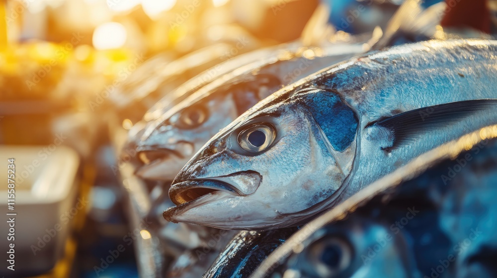Poster close up of fresh mojarra fish displayed at a market with warm lighting and empty space for added te
