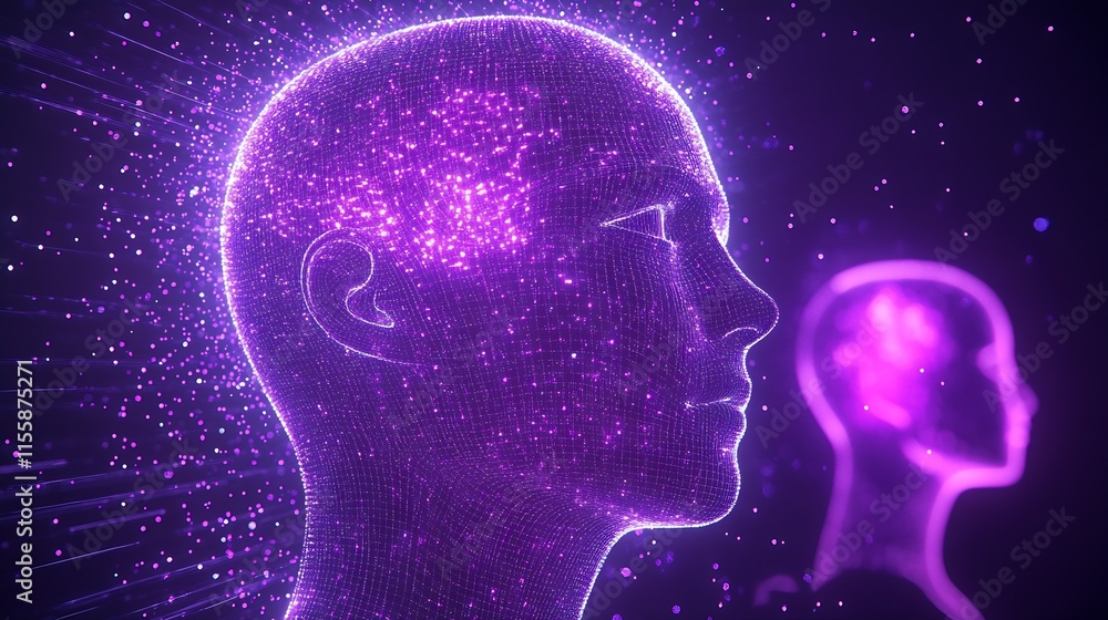 Poster futuristic digital human head with glowing network of particles in vivid purple : generative ai