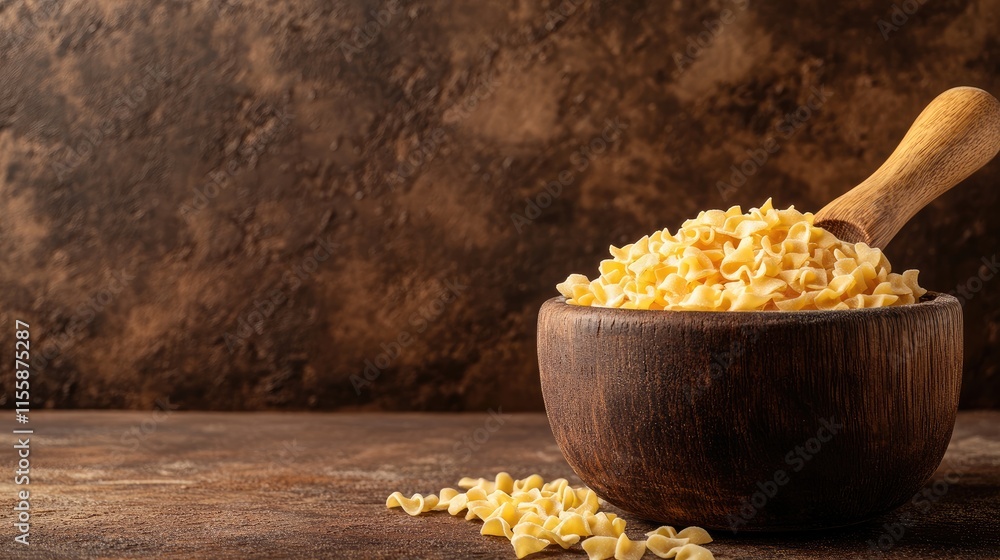 Aufkleber freshly made pasta in a wooden mortar on rustic background with ample empty space for culinary text 