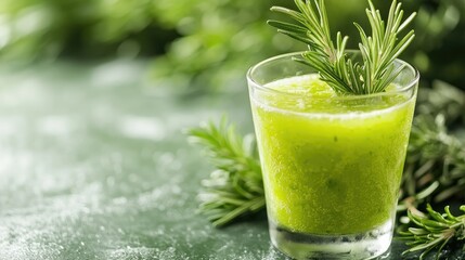 Fresh organic juice in a glass garnished with rosemary on green background with empty space for text for healthy lifestyle and wellness concepts