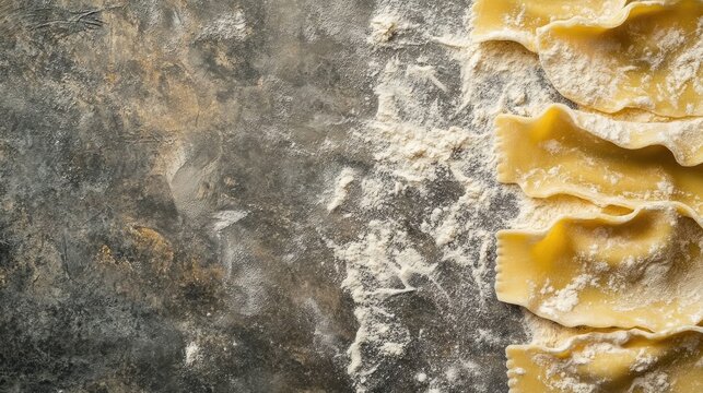 Close up of fresh homemade ravioli on a flour dusted surface with ample empty space for adding text or branding elements