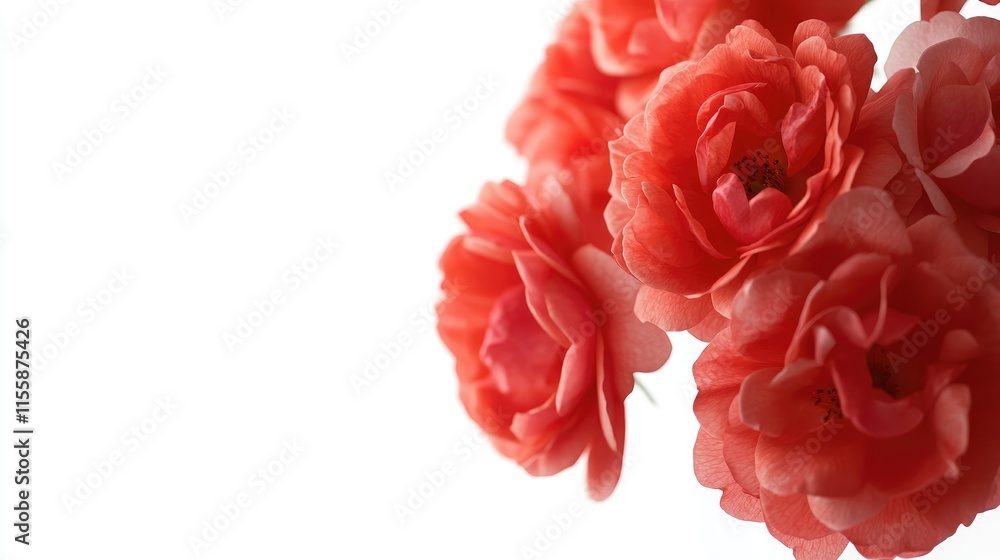 Poster fresh red rose flower cluster on white background with ample copy space for text or graphics in prom