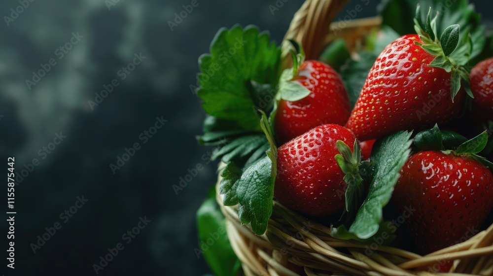 Poster fresh red strawberries with green leaves in a woven basket surrounded by dark background and ample c