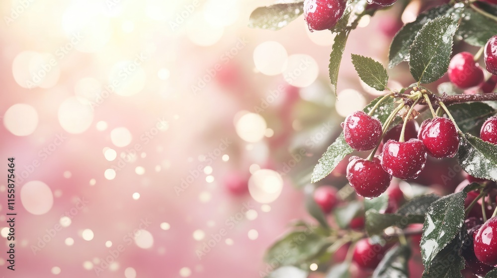 Poster fresh red cherries on tree branch with blurred background and soft bokeh effect ideal for seasonal p