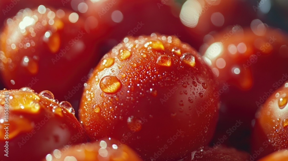 Poster close up of fresh red tomatoes glistening with water droplets in high detail with ample empty space 