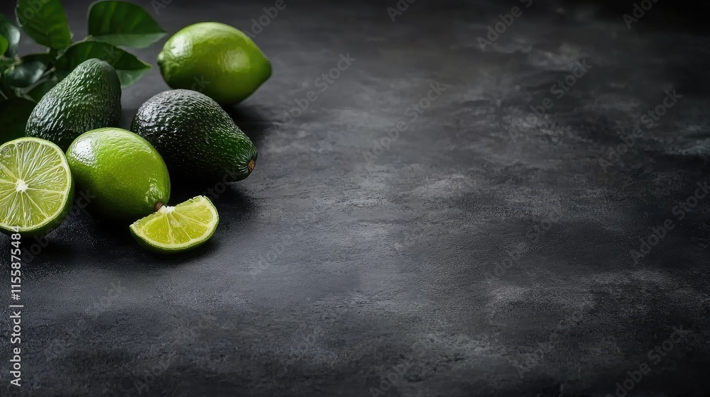 Poster fresh avocados and lime slices arranged on a dark background with empty space for text showcasing he