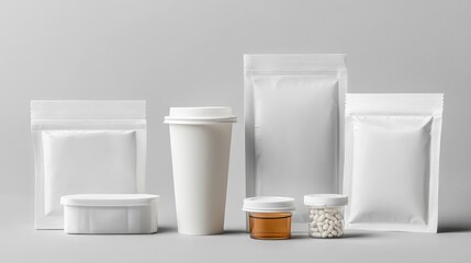 Assorted Blank White Packaging for Caffeine Syrup Tablets and Medical Supplies on Gray Background