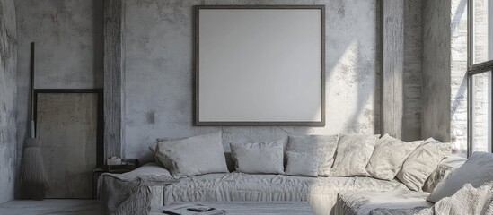 Modern Grey Living Room with 3D Mockup Frame Sectional Sofa Rustic Wood Accents Neutral Palette Ideal for Home Decor Presentations