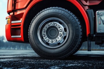 Shiny Semi-Truck Wheel with Chrome Rim and Durable Rubber Tire on an Open Road