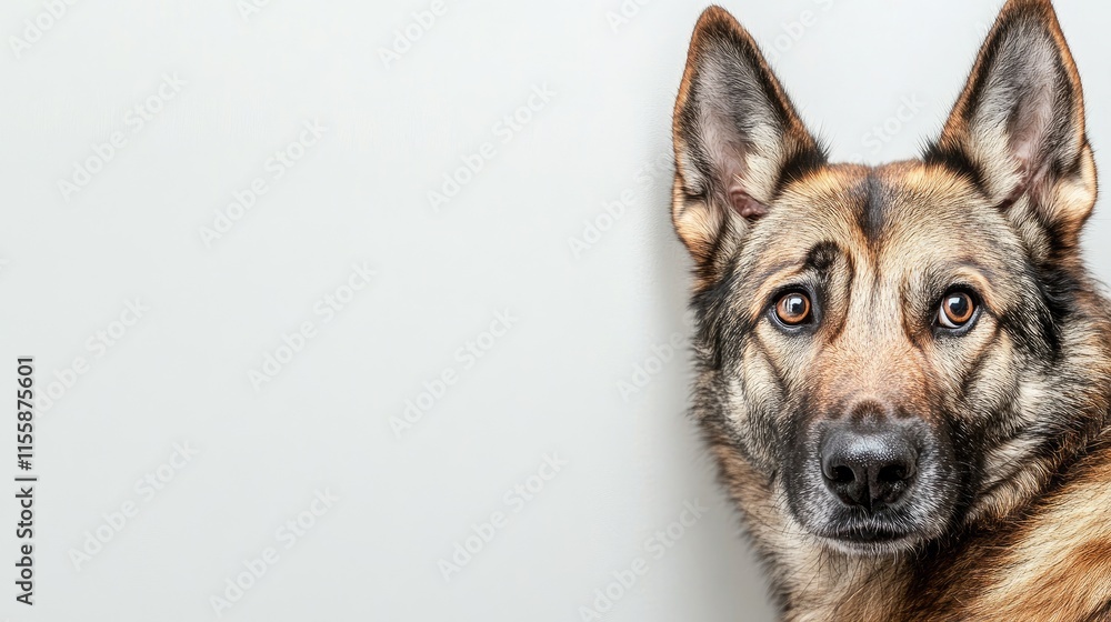 Poster close up portrait of a wolfdog displaying a cunning expression against a neutral background ideal fo