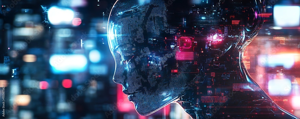 Aufkleber Digital AI Cybernetic Face with Futuristic Data Interface and Code Overlay : Generative AI
