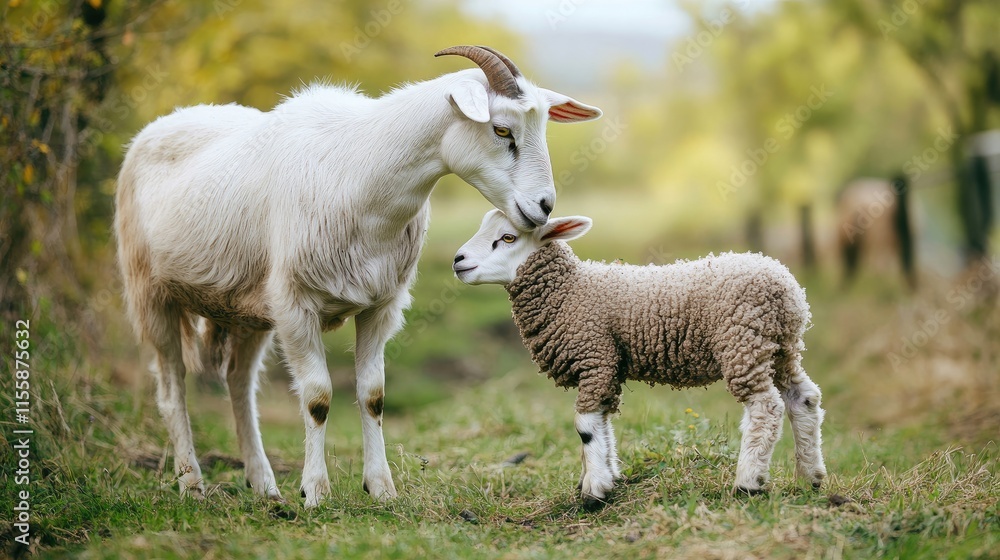 Poster close up of a goat and sheep in a farm setting showcasing livestock interaction with natural surroun