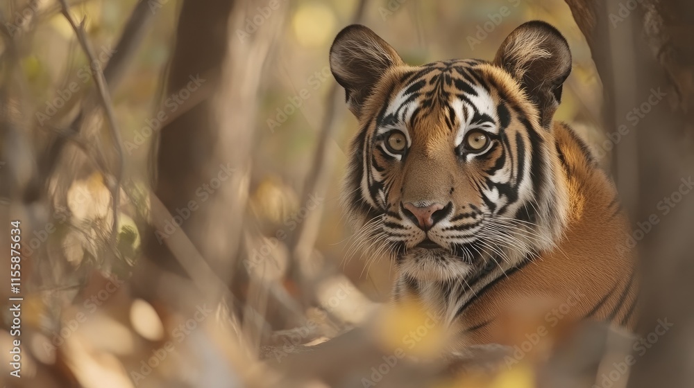 Poster close up portrait of a majestic tiger gazing intently through the trees in a serene forest setting w