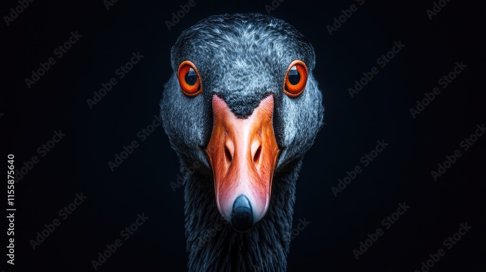 Poster close up portrait of a swan showcasing vivid orange eyes against a dark background with ample blank 