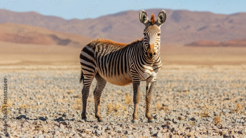 Poster close up portrait of a zebra in a barren desert landscape with ample empty space for text and natura