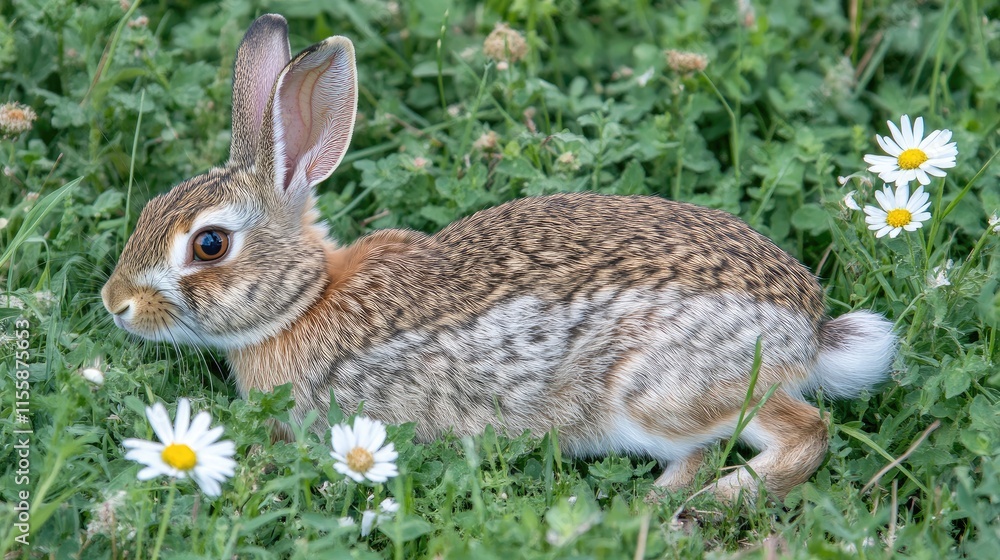 Poster wild rabbit resting in lush green grass surrounded by daisies with blank space for text and design e