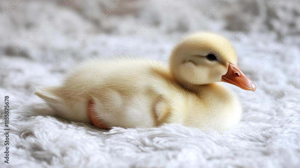 Poster close up of an adorable fluffy yellow duckling resting on soft fabric with a blurred background idea