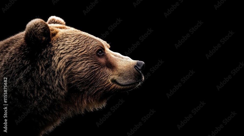 Aufkleber close up profile of a wild brown bear against a dark background with ample negative space for design