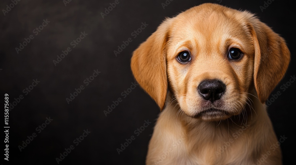 Poster close up portrait of a cute golden retriever puppy against a dark background with space for text and