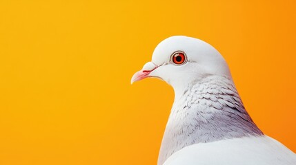 Close up portrait of a white pigeon against a vibrant orange background with space for text ideal for educational and commercial use