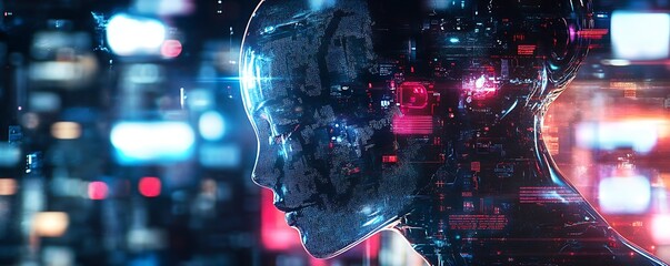 Digital AI Cybernetic Face with Futuristic Data Interface and Code Overlay : Generative AI