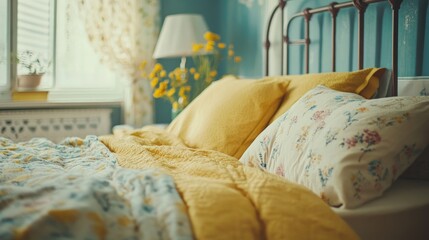 Vintage Nordic style bedroom with colorful accents featuring cozy bedding and warm lighting ideal for interior design inspiration