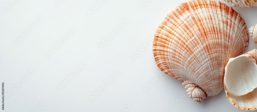 Poster close up view of an open sea shell on a white background ideal for creative projects and text placem