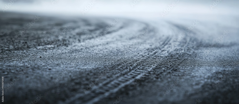 Poster close up of tire tracks on wet asphalt with gray clouds creating a dramatic atmosphere and ample spa