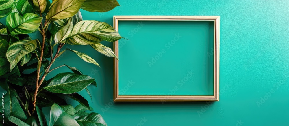 Poster empty square frame mockup with green background and lush foliage for customizable text or artwork pr