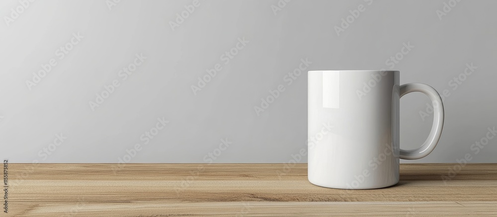 Poster 3d low angle view of white coffee mug on wooden table with neutral background and empty space for te
