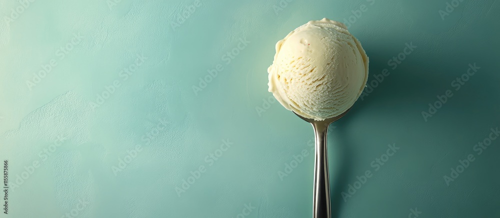 Poster 3d illustration of a top view ice cream scoop on a teal background with empty space for text or bran