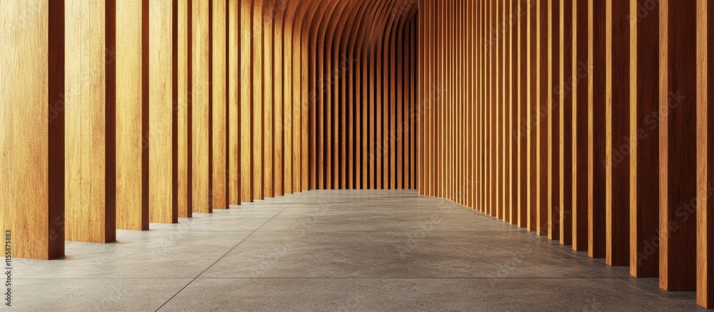 Poster 3d architectural illustration of wooden motifs in a high-end showroom setting with ample empty space