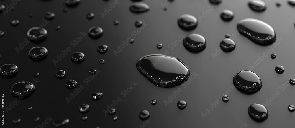 Poster realistic 3d water droplets on a smooth dark surface with ample empty space for customizable text or
