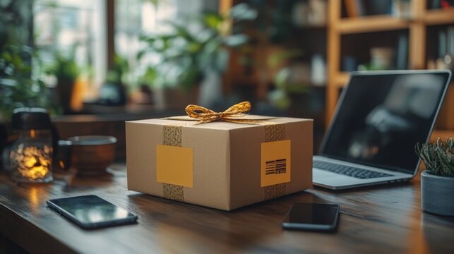 Gift box on a wooden table with laptop and smartphones in a cozy plant-filled workspace
