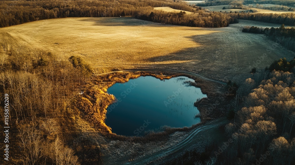 Poster aerial view of tranquil forests and meadows surrounding a serene lake with empty copyspace for text 
